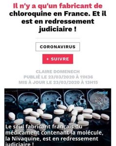 Il n'y a qu'un fabricant de chloroquine en France. Et il est en redressement judiciaire !