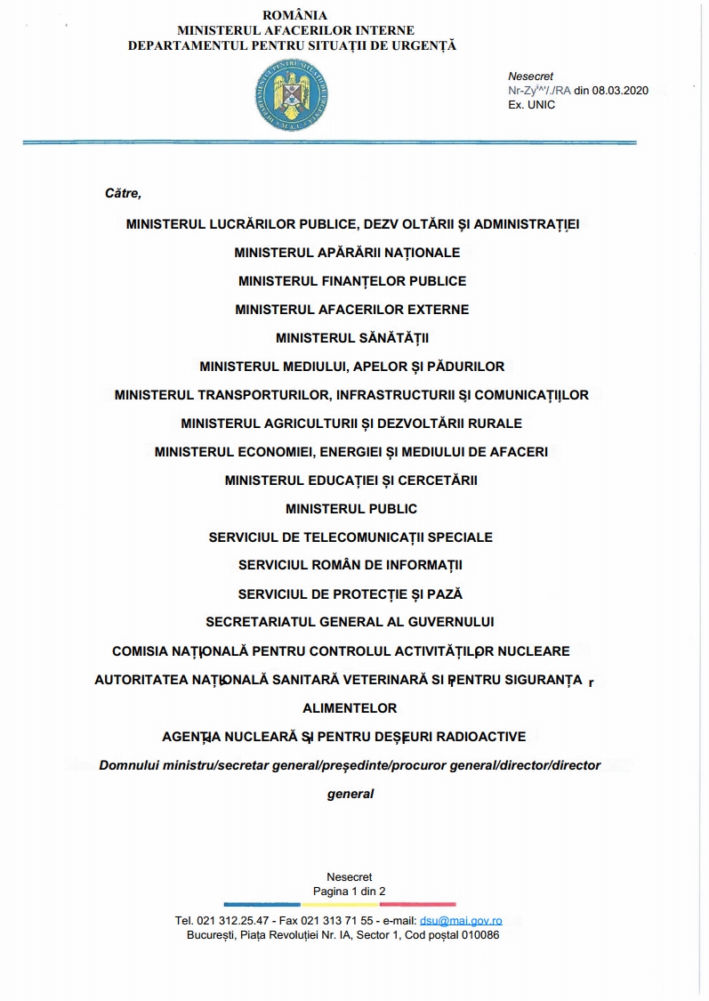 ROMÂNIA MINISTERUL AFACERILOR INTERNE DEPARTAMENTUL PENTRU SITUA ȚII DE URGEN Ț Ă Nesecret Nr-Zy'^'/./RA din 08.03.2020 Ex. UNIC