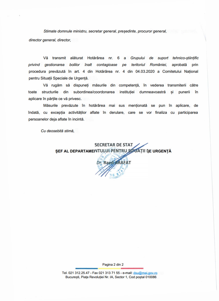 ROMÂNIA MINISTERUL AFACERILOR INTERNE DEPARTAMENTUL PENTRU SITUA ȚII DE URGEN Ț Ă Nesecret Nr-Zy'^'/./RA din 08.03.2020 Ex. UNIC